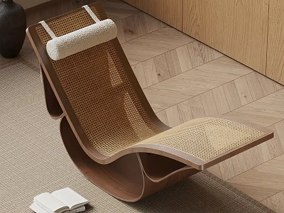 Modern Leisure Chair With Wooden Frame And Woven Seat On Carpet With Open Book 3d model