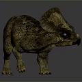 Realistic 3D Model of Brown Spotted Triceratops With Horns and Frill on Dark Background
