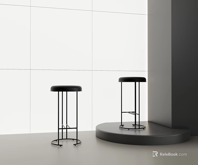 Black Bar Stools With Round Seats And Metal Frames In Modern Minimalist Style 3d model 
