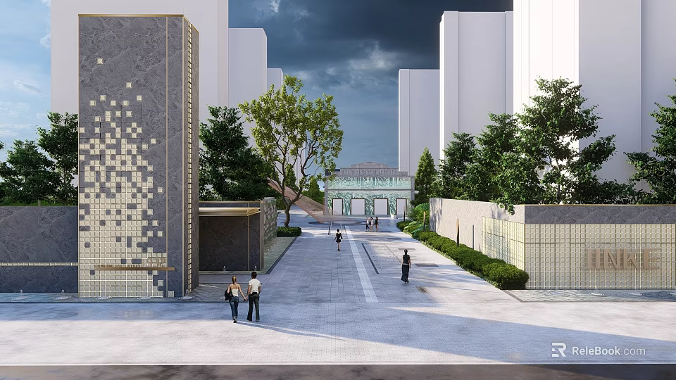 Modern Feature Wall in Urban Landscape with Pedestrians Trees and Surrounding Buildings 3d model 