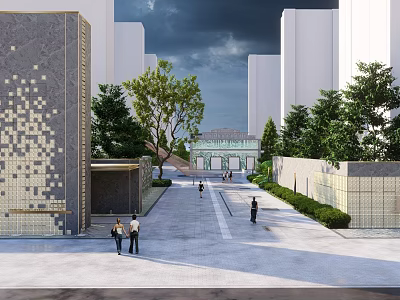 Modern Feature Wall in Urban Landscape with Pedestrians Trees and Surrounding Buildings 3d model