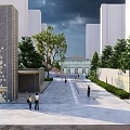 Modern Feature Wall in Urban Landscape with Pedestrians Trees and Surrounding Buildings
