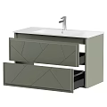Modern Bathroom Vanity With White Countertop Silver Faucet And Geometric Drawer Design