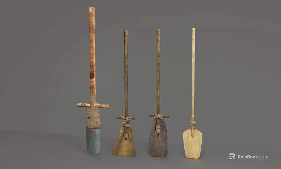 Ancient Hand Tools Collection With Long Handles And Various Head Designs 3d model 