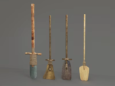 Ancient Hand Tools Collection With Long Handles And Various Head Designs 3d model
