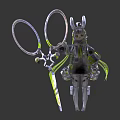 Mechanical Anime Rabbit Ear Character With Green Hair Tail Holding Ringed Weapon In Armored Outfit