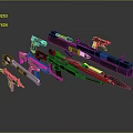 Various Modern Weapons Collection Including Pistols Rifles And Rocket Launchers With Colorful Finishes