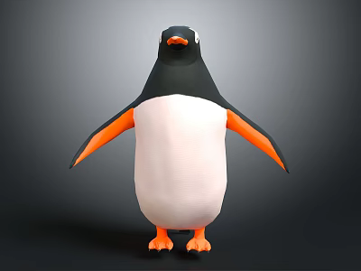 Cute black and white penguin with orange feet and flippers standing on gray gradient background 3d model