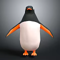 Cute black and white penguin with orange feet and flippers standing on gray gradient background