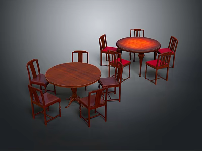 Classic Wooden Round Dining Table Set With Two Tables And Eight Chairs 3d model