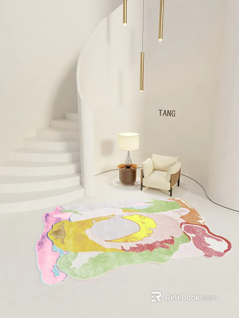 Colorful Shaped Rug In Modern Interior With White Armchair Floor Lamp And Staircase 3d model 