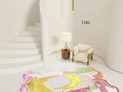 Colorful Shaped Rug In Modern Interior With White Armchair Floor Lamp And Staircase 3d model