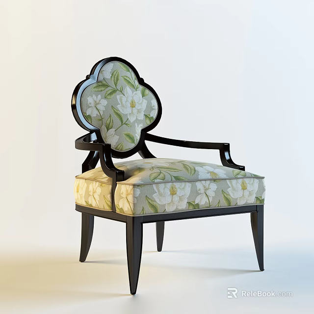 Elegant Single Sofa With Black Frame And White Floral Pattern On Cushion Backrest 3d model 
