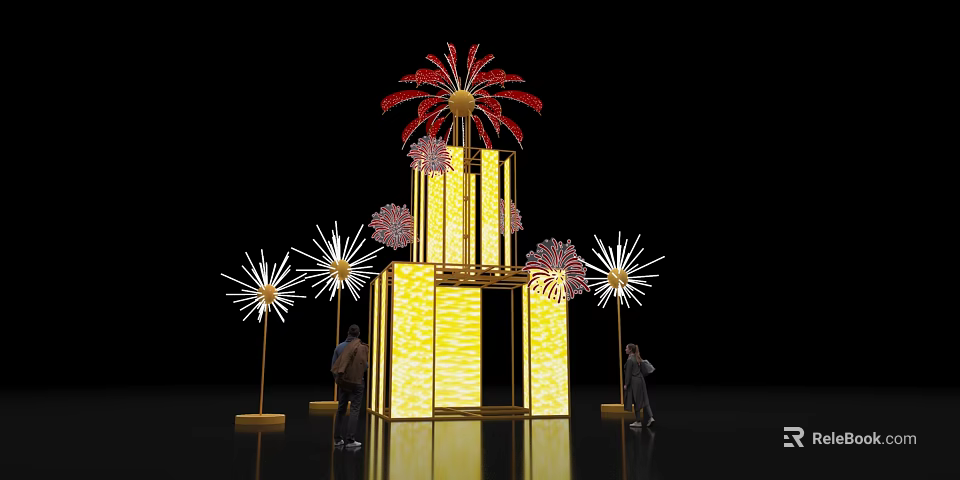 Art Installation With Yellow Illuminated Structure Red Pink Firework Decorations White Light Poles And People 3d model 
