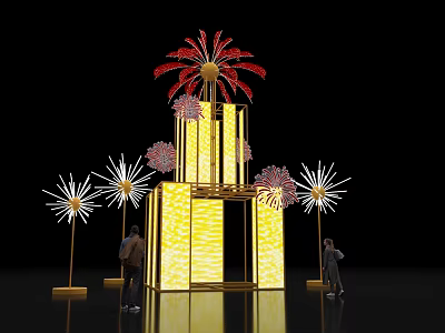 Art Installation With Yellow Illuminated Structure Red Pink Firework Decorations White Light Poles And People 3d model