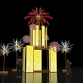 Art Installation With Yellow Illuminated Structure Red Pink Firework Decorations White Light Poles And People