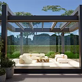 Modern Villa Balcony With Glass Walls Black Frame White Sofas Round Coffee Table And Greenery