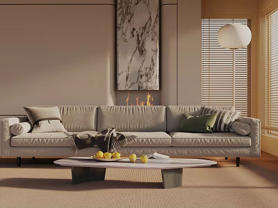 Modern Beige Three-Seater Sofa with Pillows Coffee Table and Marble Art in Warm Living Room 3d model