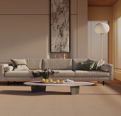 Modern Beige Three-Seater Sofa with Pillows Coffee Table and Marble Art in Warm Living Room 3d model