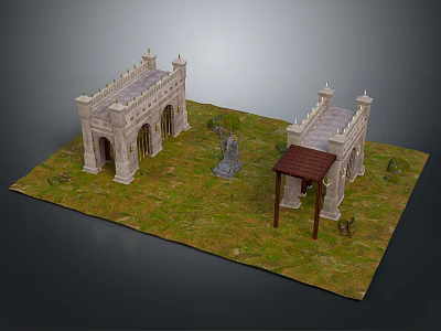 Two Classical Stone Buildings with Arched Doorways Decorative Spires Grass Lawn and Wooden Pavilion 3d model