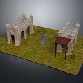 Two Classical Stone Buildings with Arched Doorways Decorative Spires Grass Lawn and Wooden Pavilion