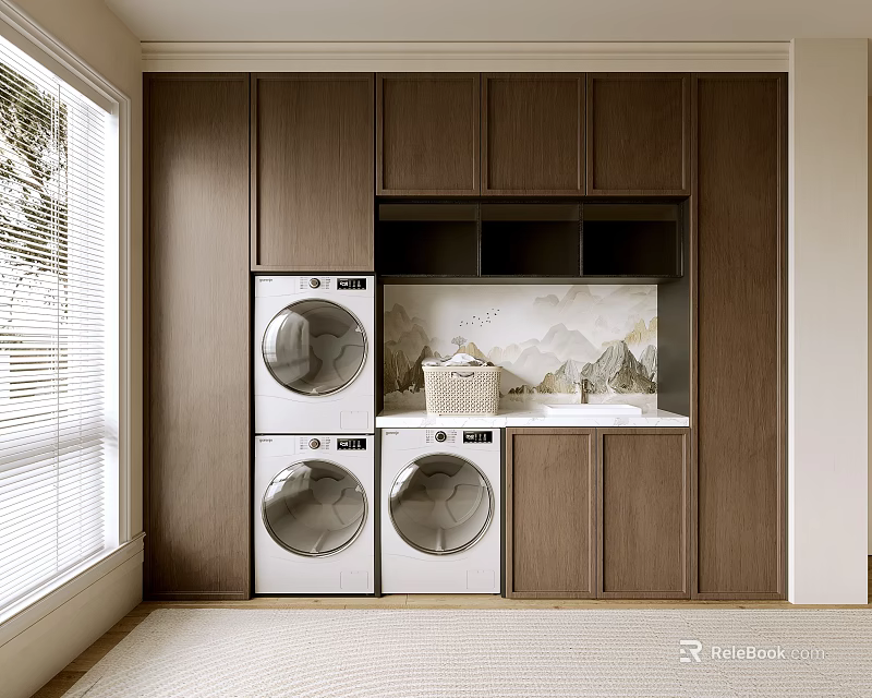 Dark Wooden Entryway Cabinet Side Cabinet With Stacked Washing Machine Dryer Storage Countertop Interior 3d model 