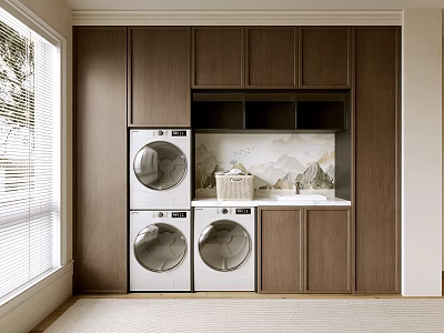 Dark Wooden Entryway Cabinet Side Cabinet With Stacked Washing Machine Dryer Storage Countertop Interior 3d model