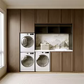 Dark Wooden Entryway Cabinet Side Cabinet With Stacked Washing Machine Dryer Storage Countertop Interior