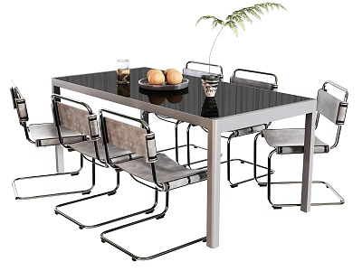 Black Glass Top Dining Table Set with Metal Frame Six Gray Chairs Oranges Green Plant 3d model