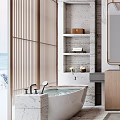 Modern Luxury Bathroom Interior Design With Marble Walls Double Mirrors And Bathtub
