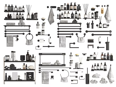 Essential Bathroom Accessories Collection With Shower Shelves Towel Racks And Storage Bottles 3d model