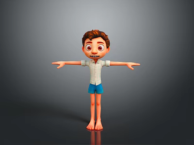 Man With Brown Hair Wearing White Shirt Blue Shorts Barefoot Arms Outstretched 3d model