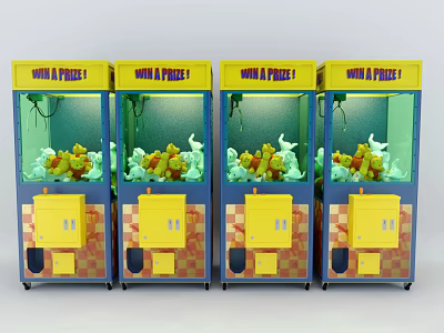 Four Yellow And Blue Claw Machines With Wild Prizes Amusement Equipment 3d model