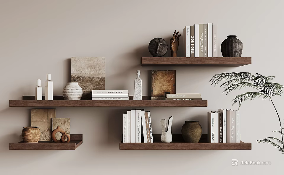 Wooden Wall Mounted Storage Shelves With Books Decorative Vases Sculptures Picture Frames And Plant 3d model 