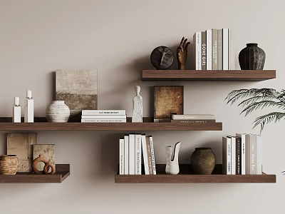Wooden Wall Mounted Storage Shelves With Books Decorative Vases Sculptures Picture Frames And Plant 3d model