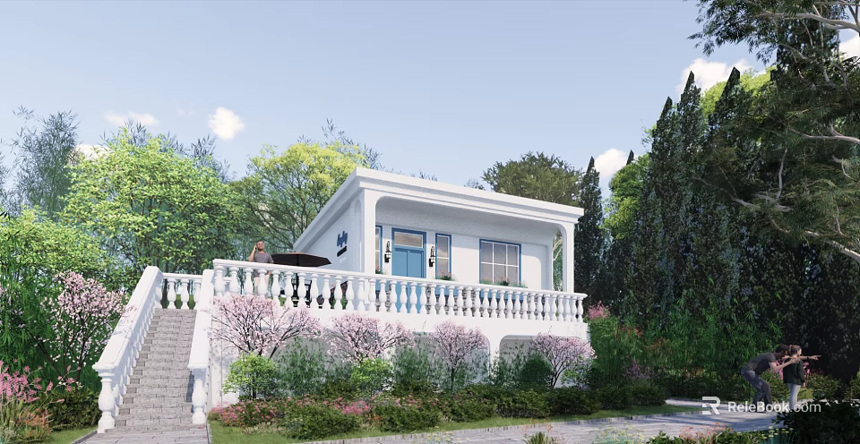 White Detached Villa with Balcony Green Trees and Surrounding Plants 3d model 