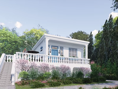 White Detached Villa with Balcony Green Trees and Surrounding Plants 3d model