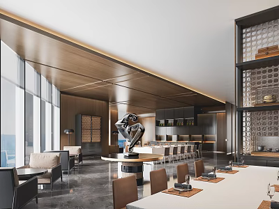 Modern Restaurant Interior With Long Dining Tables Sculpture Decor And Large Windows 3d model