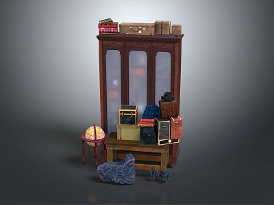 Classic Wooden Armoire Design With Glass Doors Top Storage Boxes Books And Side Decor Items 3d model