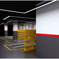 Automotive Store Interior With Yellow Shelves Gray Floor Yellow Parking Lines And Black Ceiling