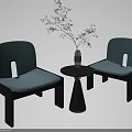 Modern Table and Chairs Set with Blue Cushions Black Frames Conical Base and Vase 3d model