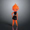 Game Movie Character With Orange Flame Hair And Yellow Eyes In Black Outfit