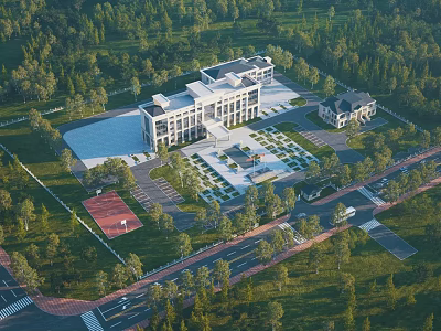 Aerial Planning Of Public Building With Central Plaza Green Areas Trees And Surrounding Roads 3d model