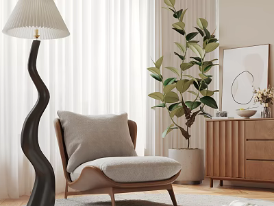 Gray Lazy Chair With Wooden Legs In Interior With Floor Lamp And Green Plant 3d model