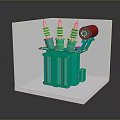 Green Electrical Transformer With Black Coils White Insulators And Red Component In White Display Box