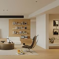 Modern Living Room With White Sofas Round Coffee Table And Bookshelves
