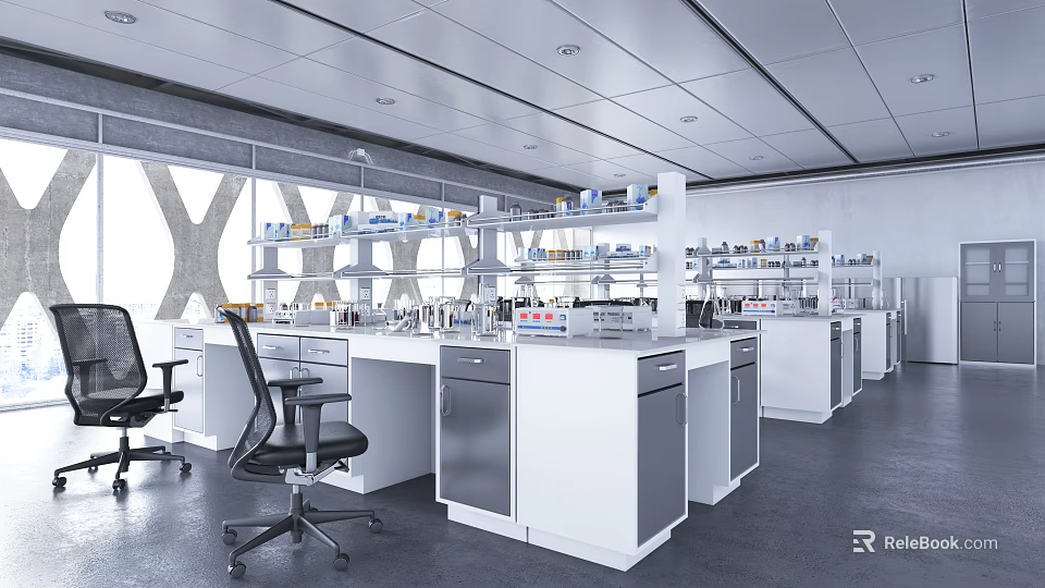 Modern Laboratory Interior With White Lab Benches Shelves And Scientific Equipment 3d model 