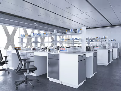 Modern Laboratory Interior With White Lab Benches Shelves And Scientific Equipment 3d model