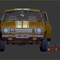 Yellow Old Car With White Stripes And Rusty Body Near Blue Toolbox