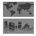 Decorative Wall Panels Featuring Dot Pattern World Map And City Building Silhouettes 3d model